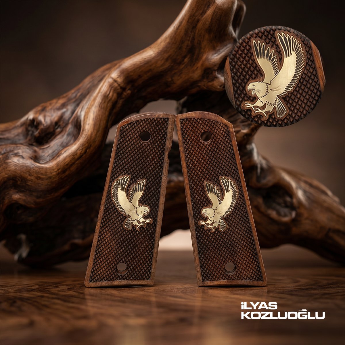 Colt 1911 Koyu Ceviz Kabza Tam Yüzey Baklava Desenli Sarı Pirinç Kartal Logolu