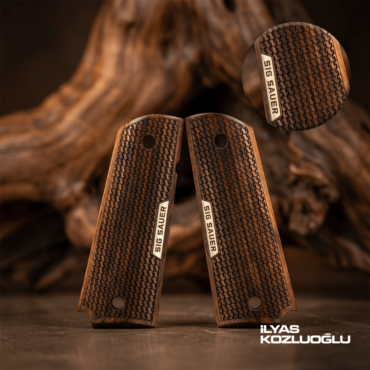 Colt 1911 Koyu Ceviz Kabza Tam Yüzey Desen Üzeri Sarı Pirinç Marka Logolu