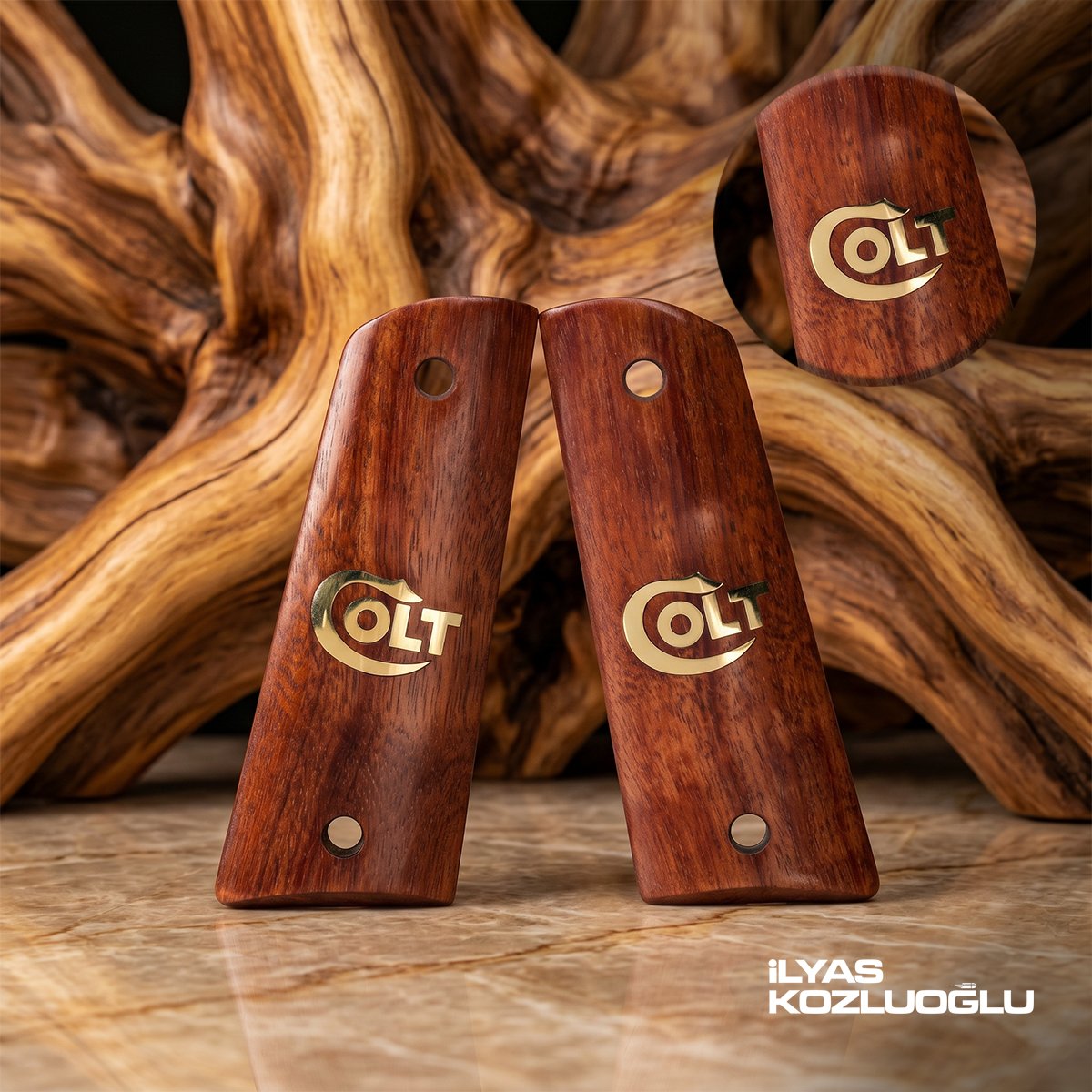 Colt 1911 Koyu Ceviz Kabza Yüzey İşlemesiz Üzeri Sarı Pirinç Marka Logolu
