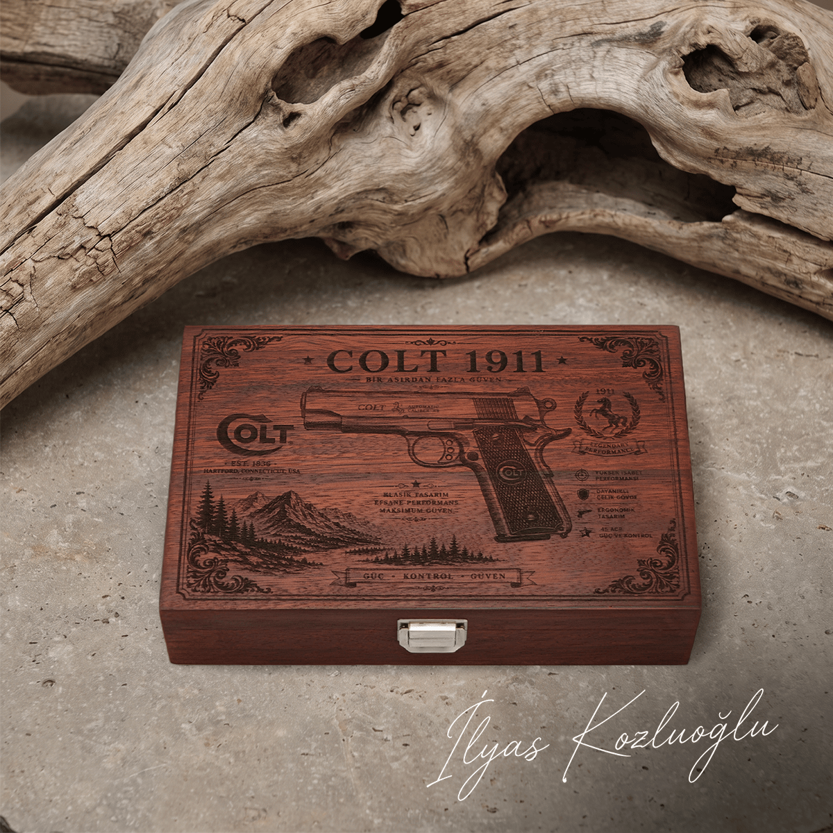 Colt 1911 Uyumlu Özel Tasarım Ahşap Tabanca Saklama Kutusu