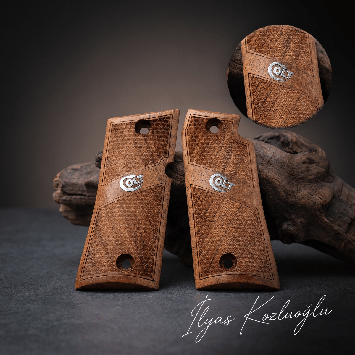 Colt Mustang Ceviz Kabza Tam Yüzey Balık Pulu Desenli Üzeri Gümüş Renk Colt Yazılı