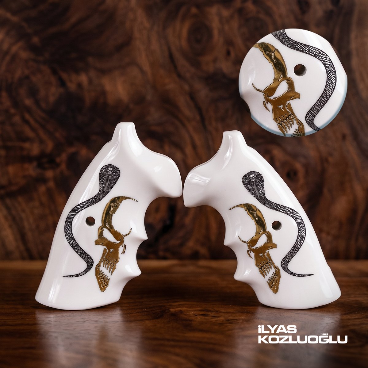 Colt Python Beyaz Pleksi Kabza Özel Tasarım Kobra Desenli ve Sarı Pirinç Kuru Kafalı