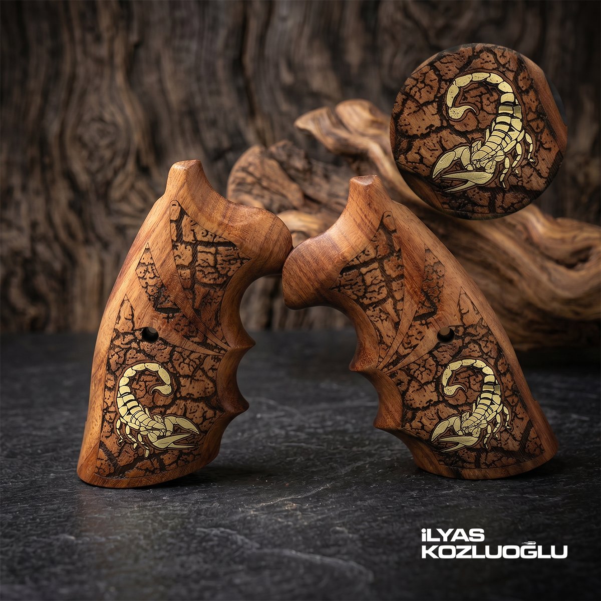 Colt Python Ceviz Kabza Tam Yüzey Özel Tasarım Desenli Sarı Pirinç Akrep Logolu