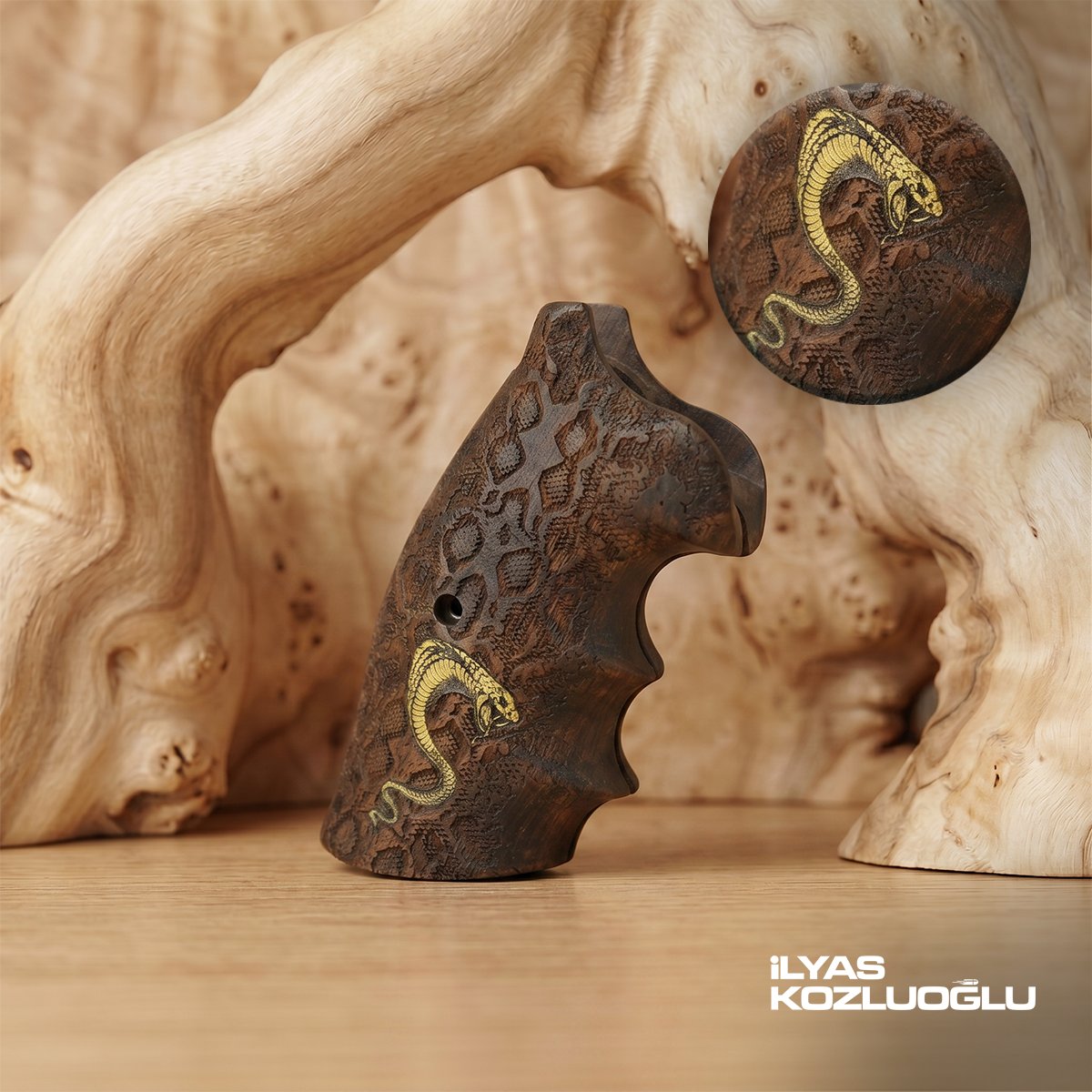 Colt Python Koyu Ceviz Kabza Tam Yüzey Özel Tasarım Desenli Sarı Pirinç Kobra Logolu