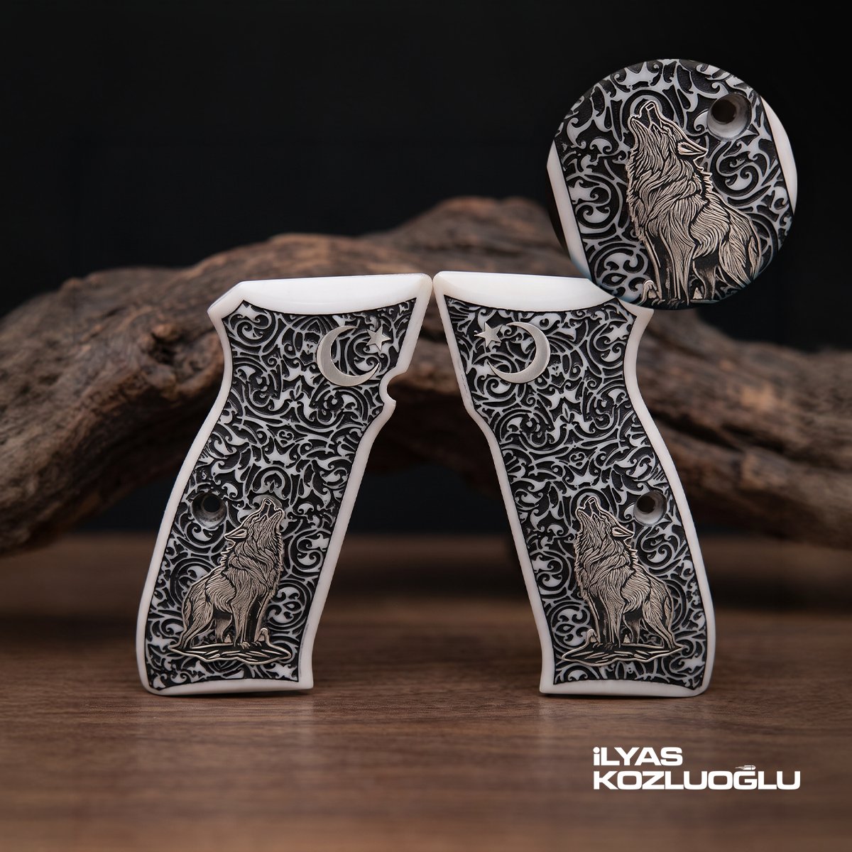 CZ 75 B Beyaz Pleksi Kabza Tam Yüzey Sarmaşık Desen Üzeri Gümüş Renk Kurt ve Ay Yıldız Logolu
