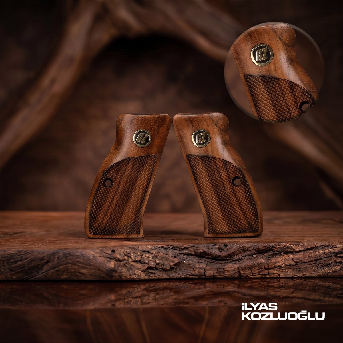 CZ 75 B Compact Koyu Ceviz Kabza Yarım Yüzey Baklava Desen Üzeri Sarı Pirinç CZ Logolu