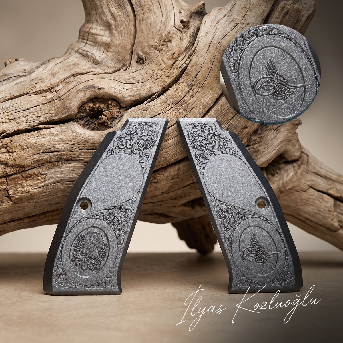 CZ 75 B & CZ Shadow 1 Alüminyum Kabza Füme Renk Tam Yüzey Sarmaşık Desenli Osmanlı Arması ve Tuğrası