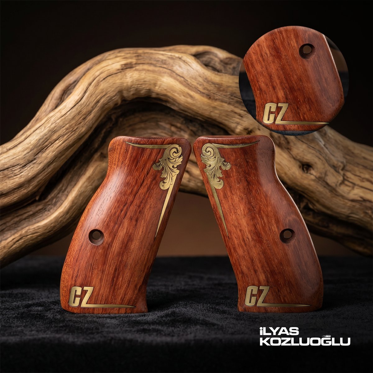 CZ 75 Compact Gül Ağacı Kabza Yüzey Desensiz Kenarları Sarı Pirinç Gravürlü ve CZ Logolu