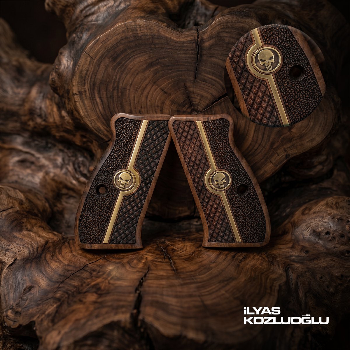 CZ 75 Compact Koyu Ceviz Kabza Tam Yüzey Baklava ve Pütür Desenli Sarı Pirinç Kuru Kafa Logolu