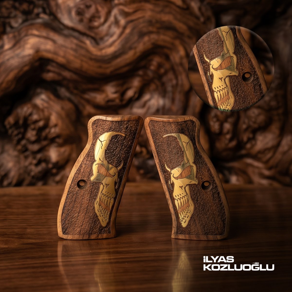 CZ 75 Compact Koyu Ceviz Kabza Tam Yüzey Toprak Desenli Özel Tasarım Sarı Pirinç Kuru Kafa Logolu