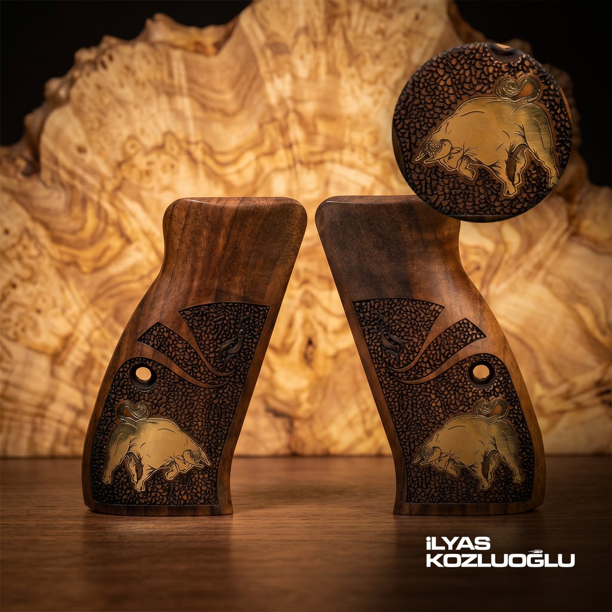 CZ 75 Compact Koyu Ceviz Kabza Yarım Yüzey Pütür Desenli Sarı Pirinç Boğa Logolu