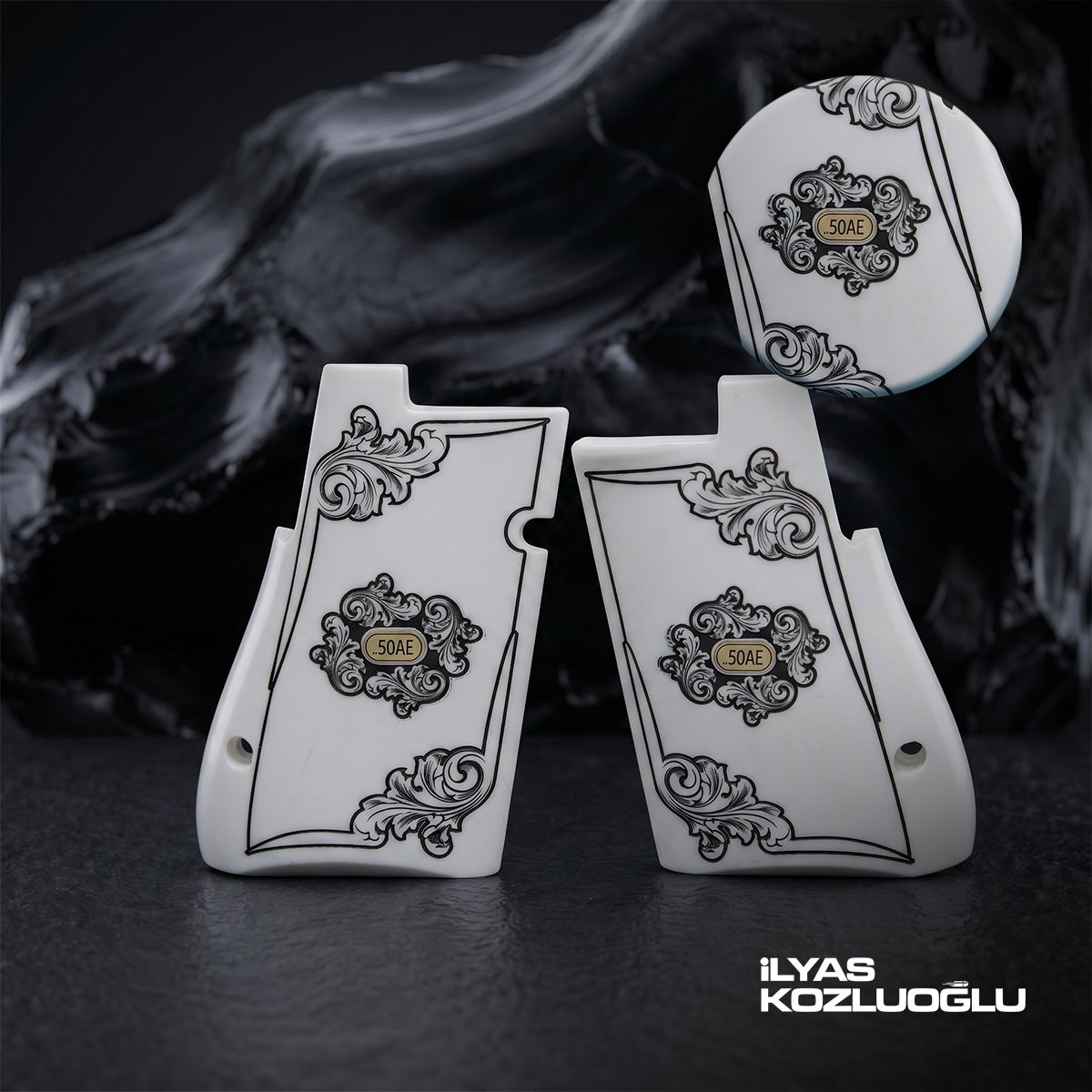 Desert Eagle .357 / .44 / .50 Cal Beyaz Pleksi Kabza Kenar Gravür Desenli  Sarı Pirin. .50AE Logolu