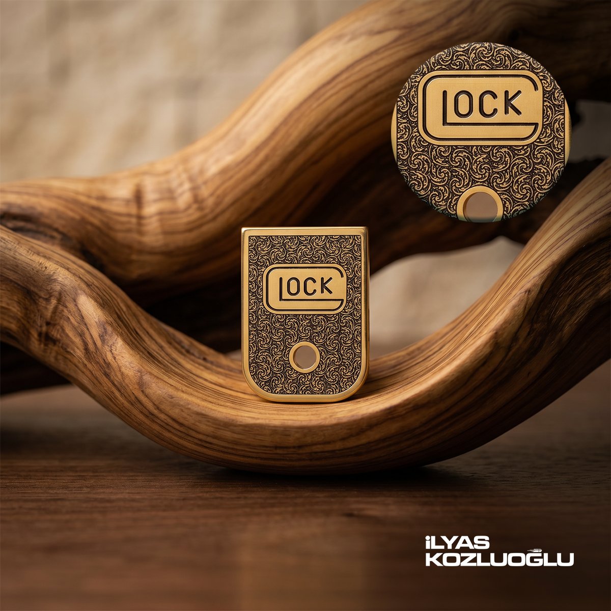 Glock 19 Gravür Desenli Glock Logolu Sarı Titanyum Kaplama Şarjör Kapağı