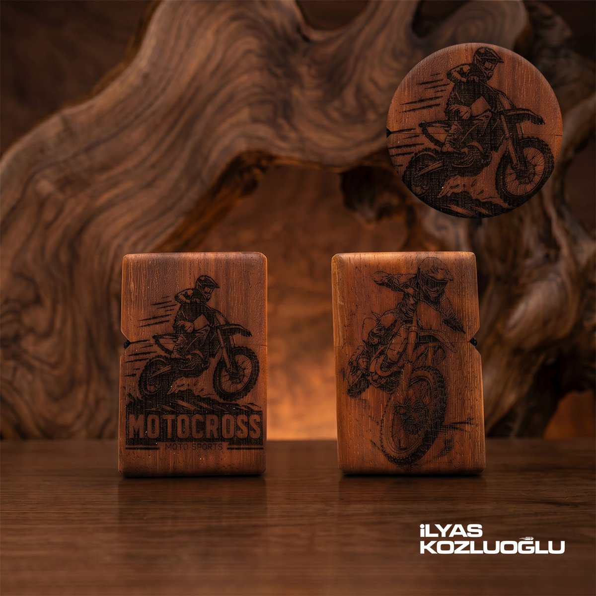 İroko Ahşap Özel Tasarım Çakmak Motocross Logolu