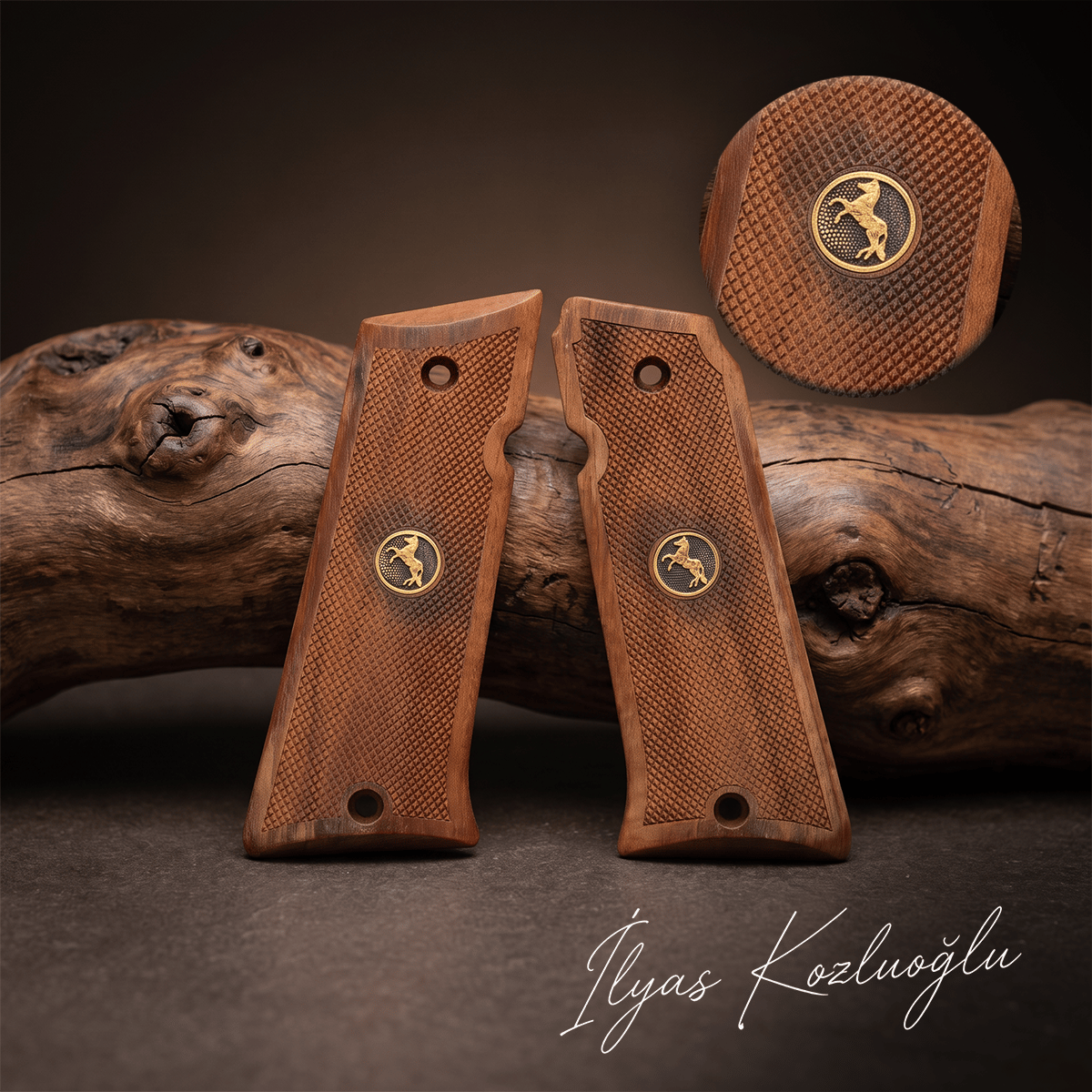 Llama 1911 .45 ACP Ceviz Kabza Tam Yüzey Baklava Desenli Üzeri Sarı Pirinç At Logolu