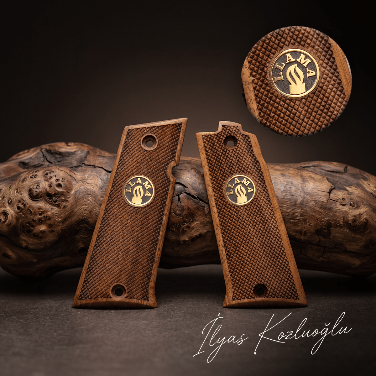 Llama 1911 .45 ACP Ceviz Kabza Tam Yüzey Baklava Desenli Üzeri Sarı Pirinç Llama Logolu