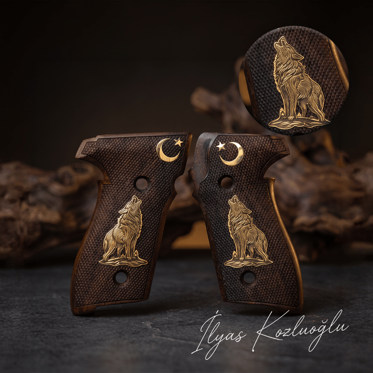 Sig Sauer P226 Ceviz Kabza Tam Yüzey Baklava Desenli Üzeri Sarı Pirinç Kurt ve Ay Yıldız Logolu