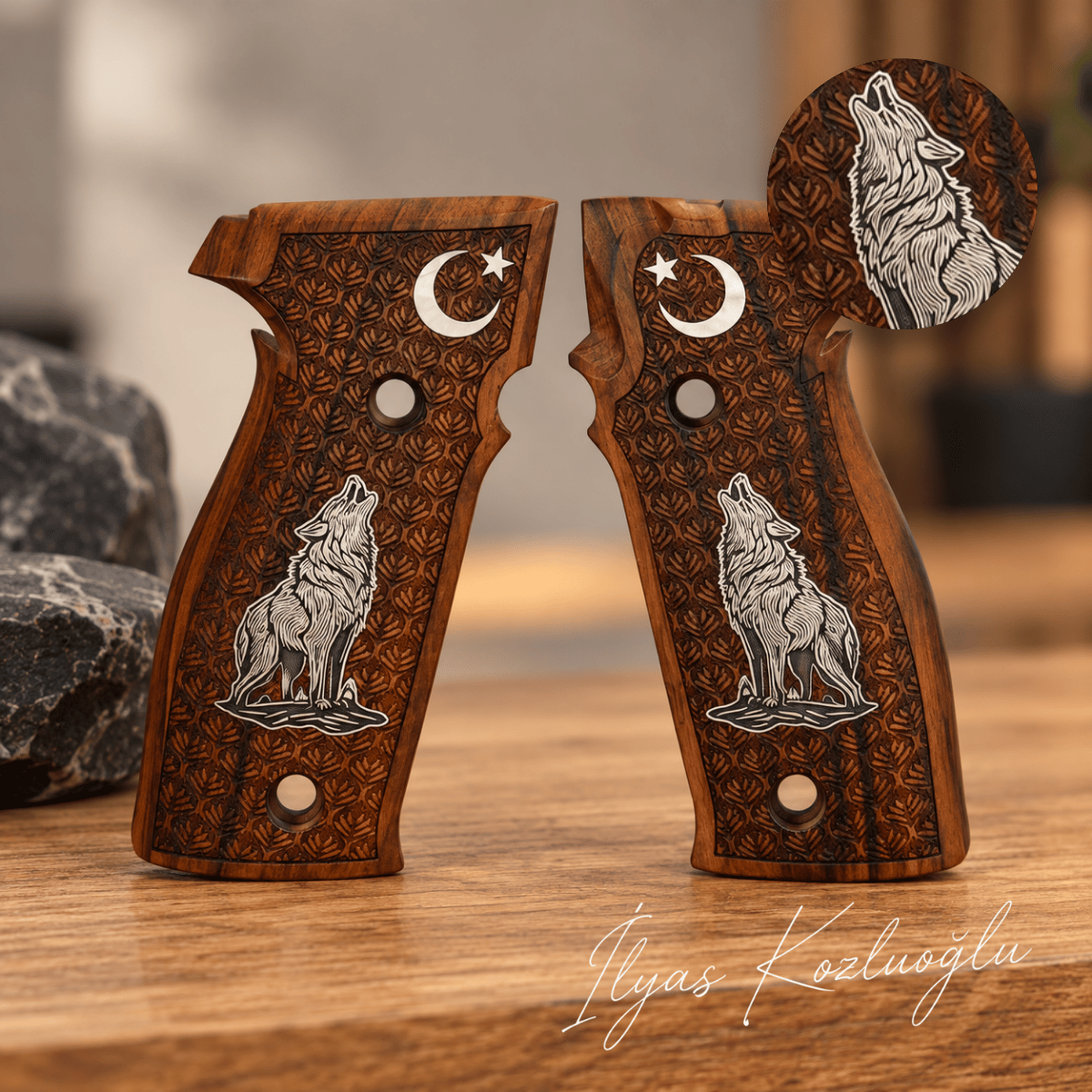 Sig Sauer P226 Ceviz Kabza Tam Yüzey Yaprak Desenli Üzeri Gümüş Renk Kurt ve Ay Yıldız Logolu