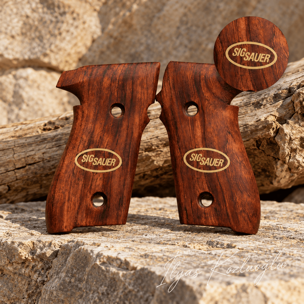 Sig Sauer P228 / P229 Gül Ağacı Kabza Yüzey Desensiz Sarı Pirinç Sig Sauer Yazılı