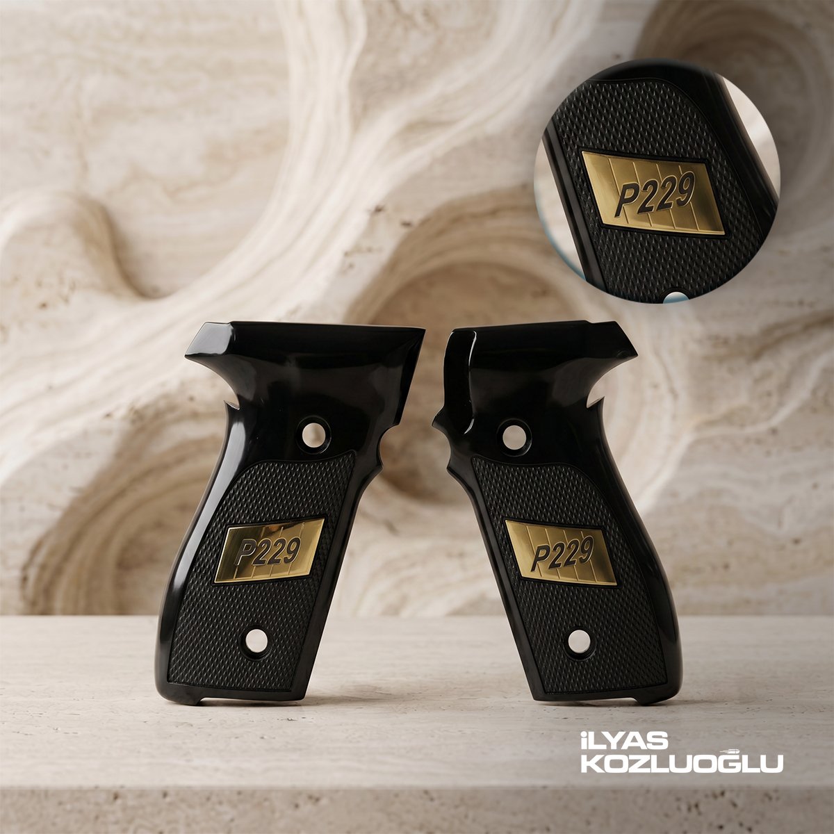 Sig Sauer P228 / P229 Siyah Pleksi Kabza Yarım Yüzey Baklava Desenli Sarı Pirinç P229 Yazılı