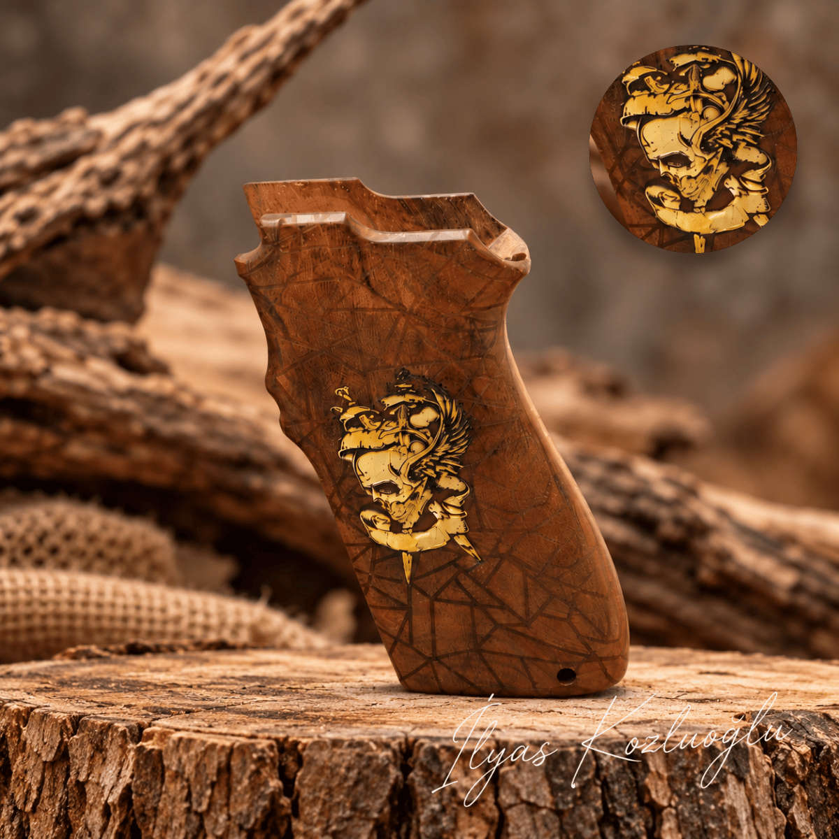 Smith & Wesson 5904 - 5906 Ceviz Kabza Tam Yüzey Desenli Üzerinde Sarı Pirinç Özel Tasarım Logolu