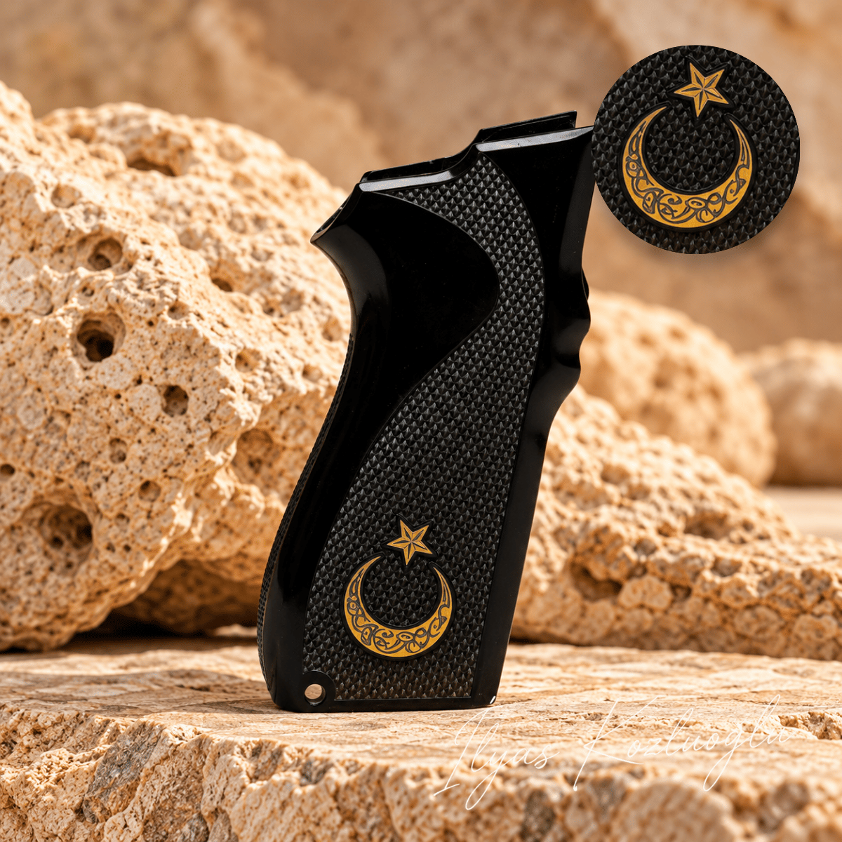 Smith & Wesson 5904 - 5906 Siyah Pleksi Kabza Tam Yüzey Desenli Üzerinde Sarı Pirinç Ay Yıldız ve Osmanlı Arması Logolu