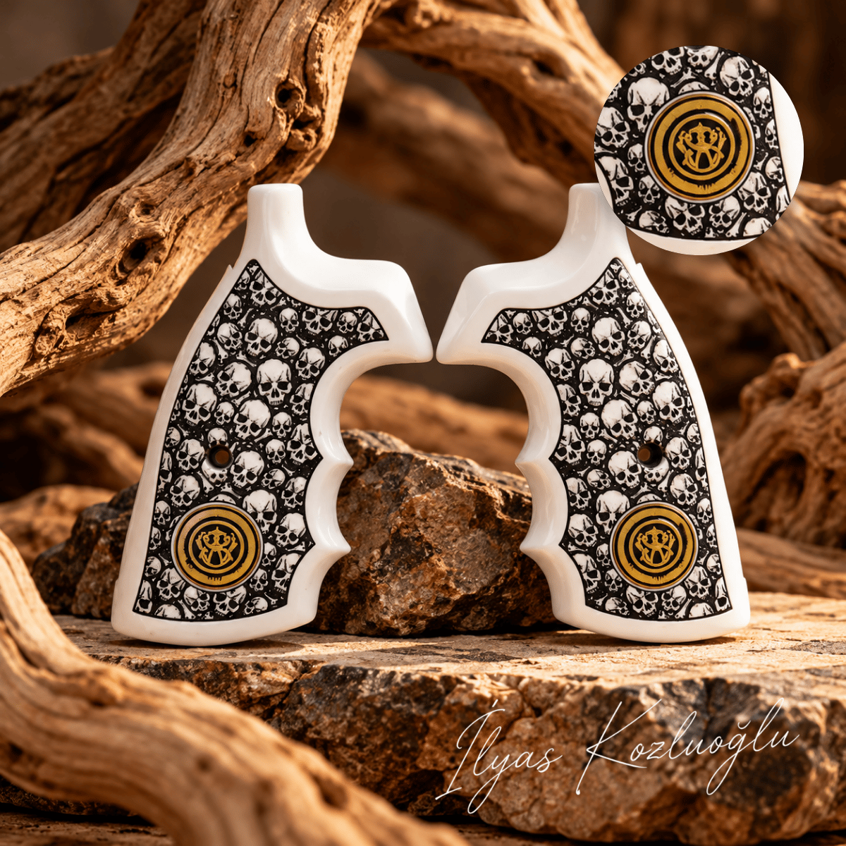 Smith & Wesson K - L - X .38 .357 Beyaz Pleksi Kabza Tam Yüzey Kuru Kafa Desenli Sarı Pirinç Smith & Wesson Logolu