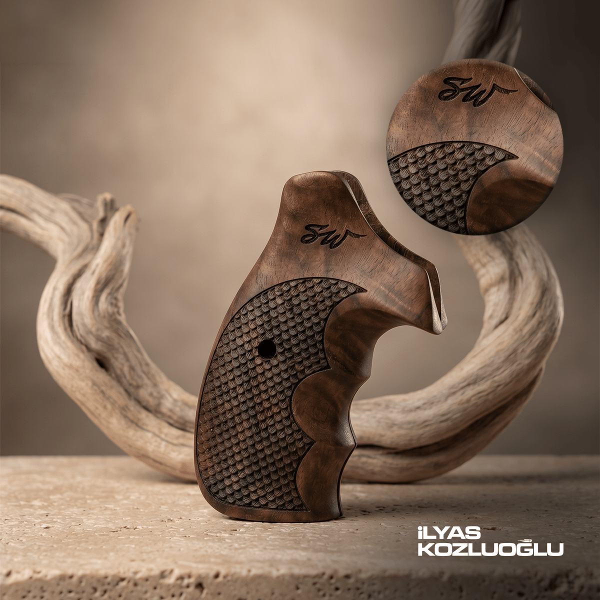 Smith & Wesson K/L/X Frame Round Butt Koyu Ceviz Kabza Yarım Yüzey Balık Pulu Desenli SW Lazer Logolu
