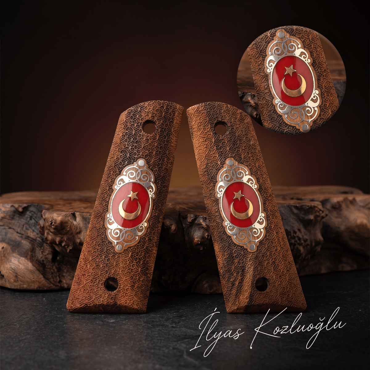 Tisaş Zig M 1911 Ceviz Kabza Tam Yüzey Desenli Üzeri Sarı Pirinç Ay Yıldız ve Gümüş Renk Çerçeveli