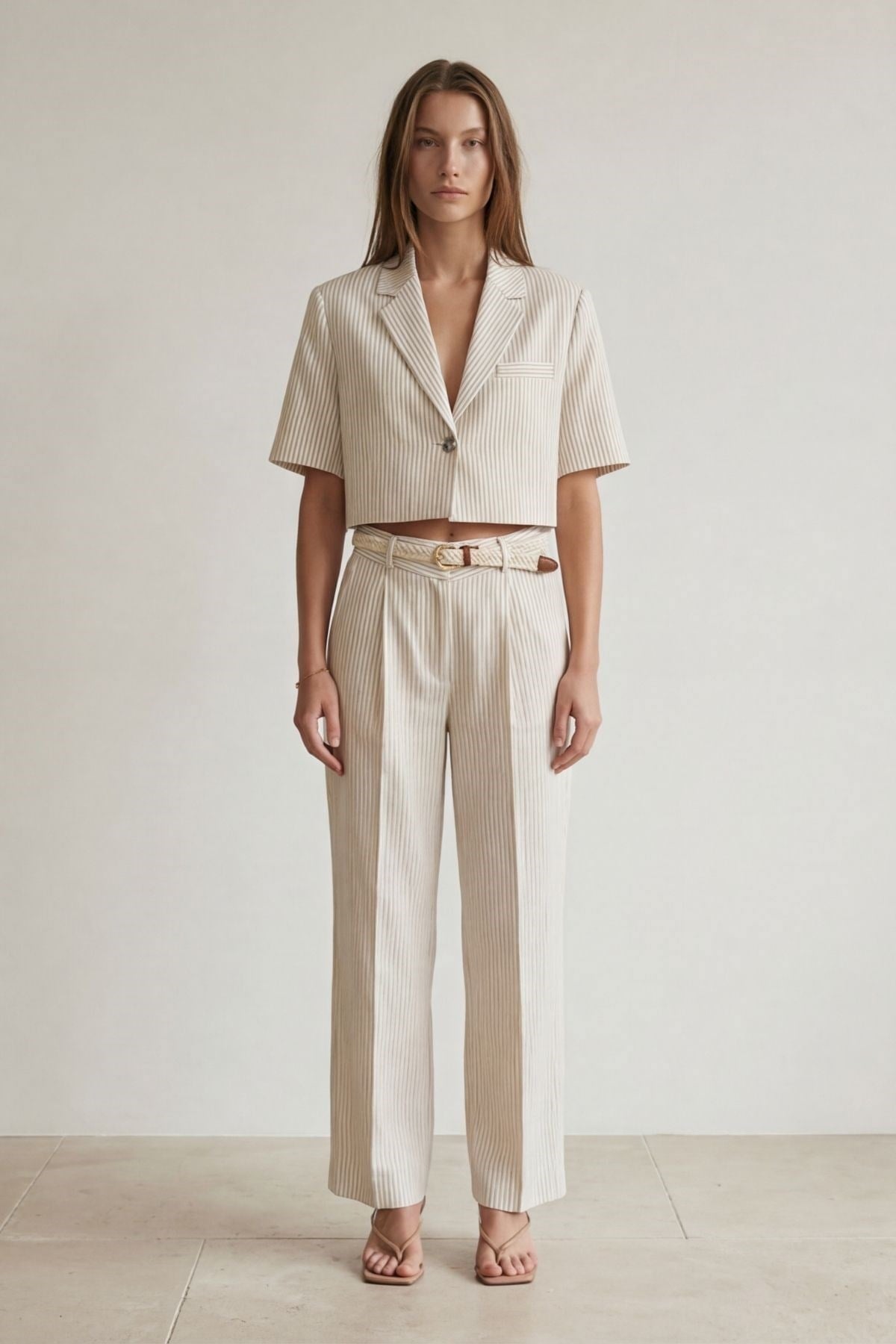  Vatkalı Crop Blazer Ceket Natur - Kahve Çizgili