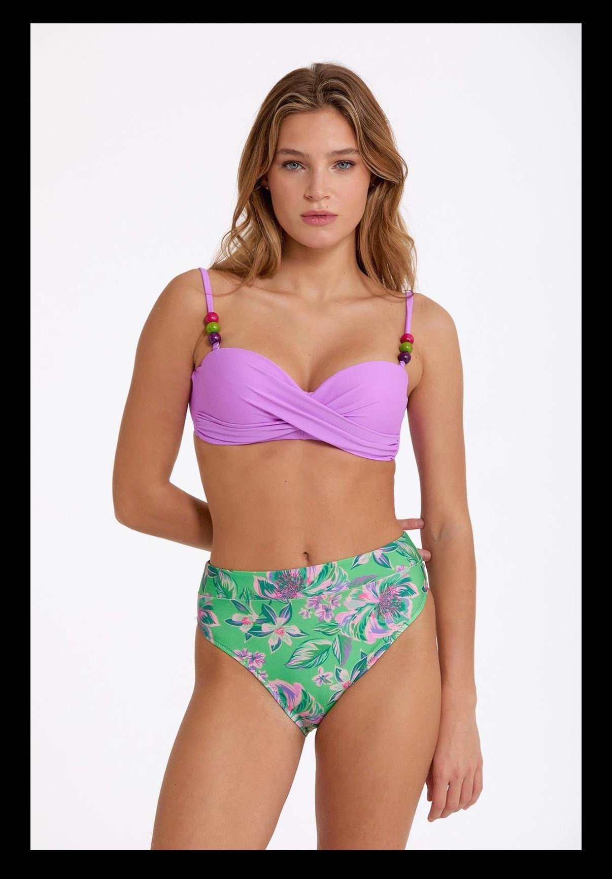 double push-up pembe yeşil çiçekli bikini takımı