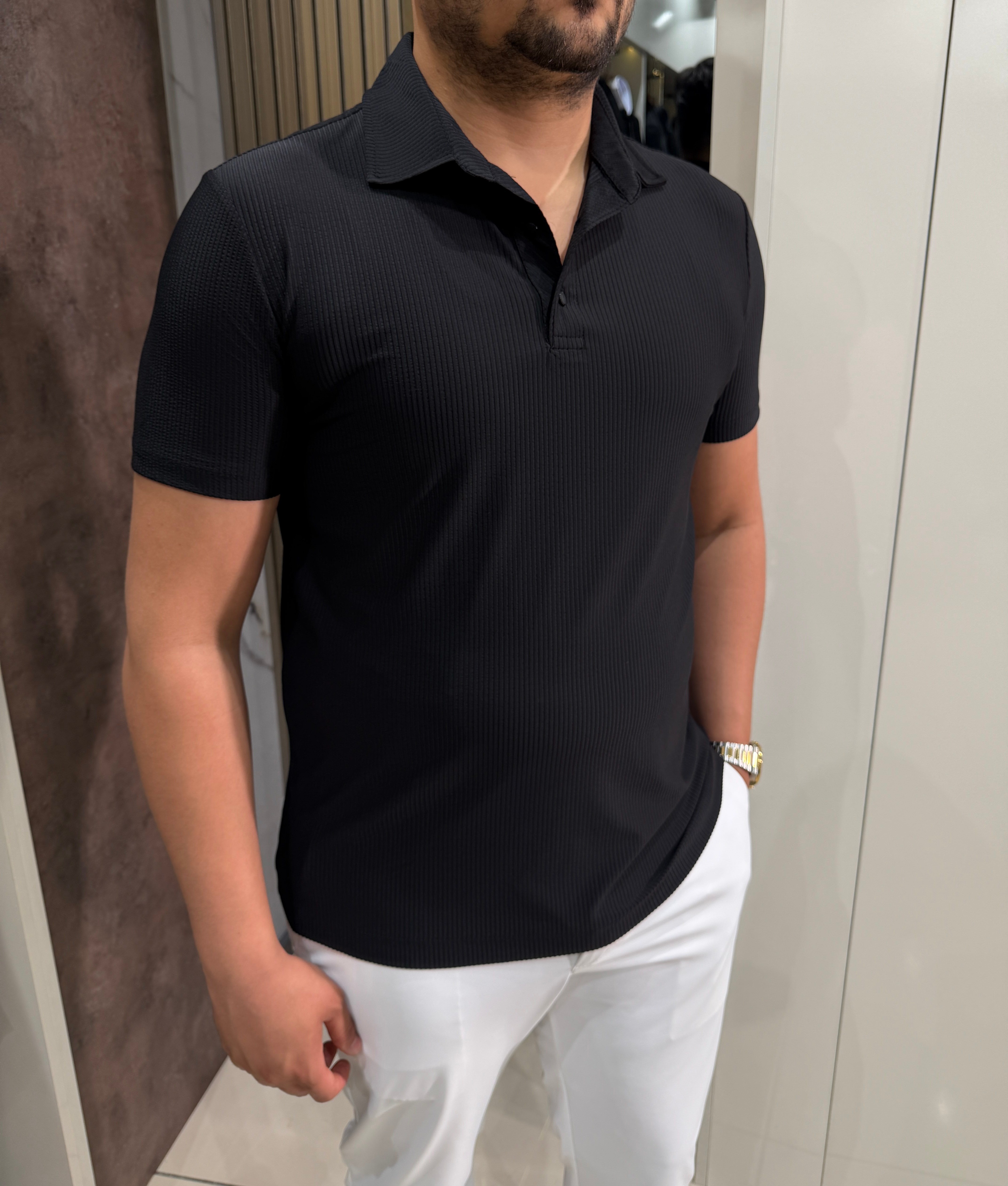 Fitilli Polo Yaka T-shirt | Siyah