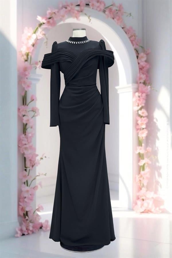 Amine Hüma Dila Abiye Elbise Siyah