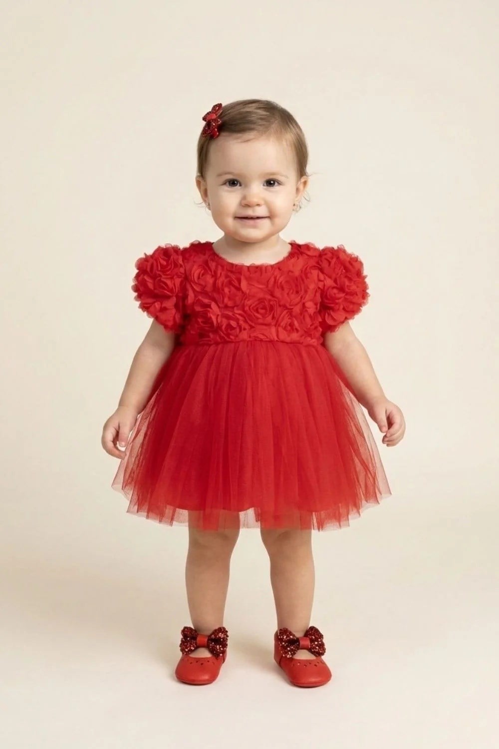 Le Mabelle Kırmızı Gül Detaylı Kız Bebek Elbise 