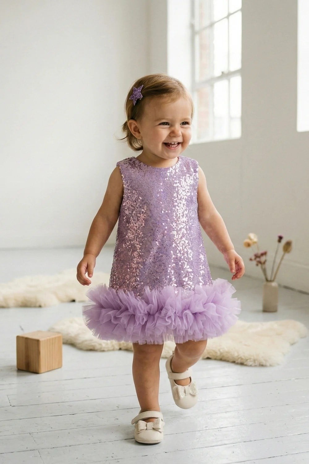 Le Mabelle Lila Fırfır Detaylı Pullu Kız Bebek Elbise 