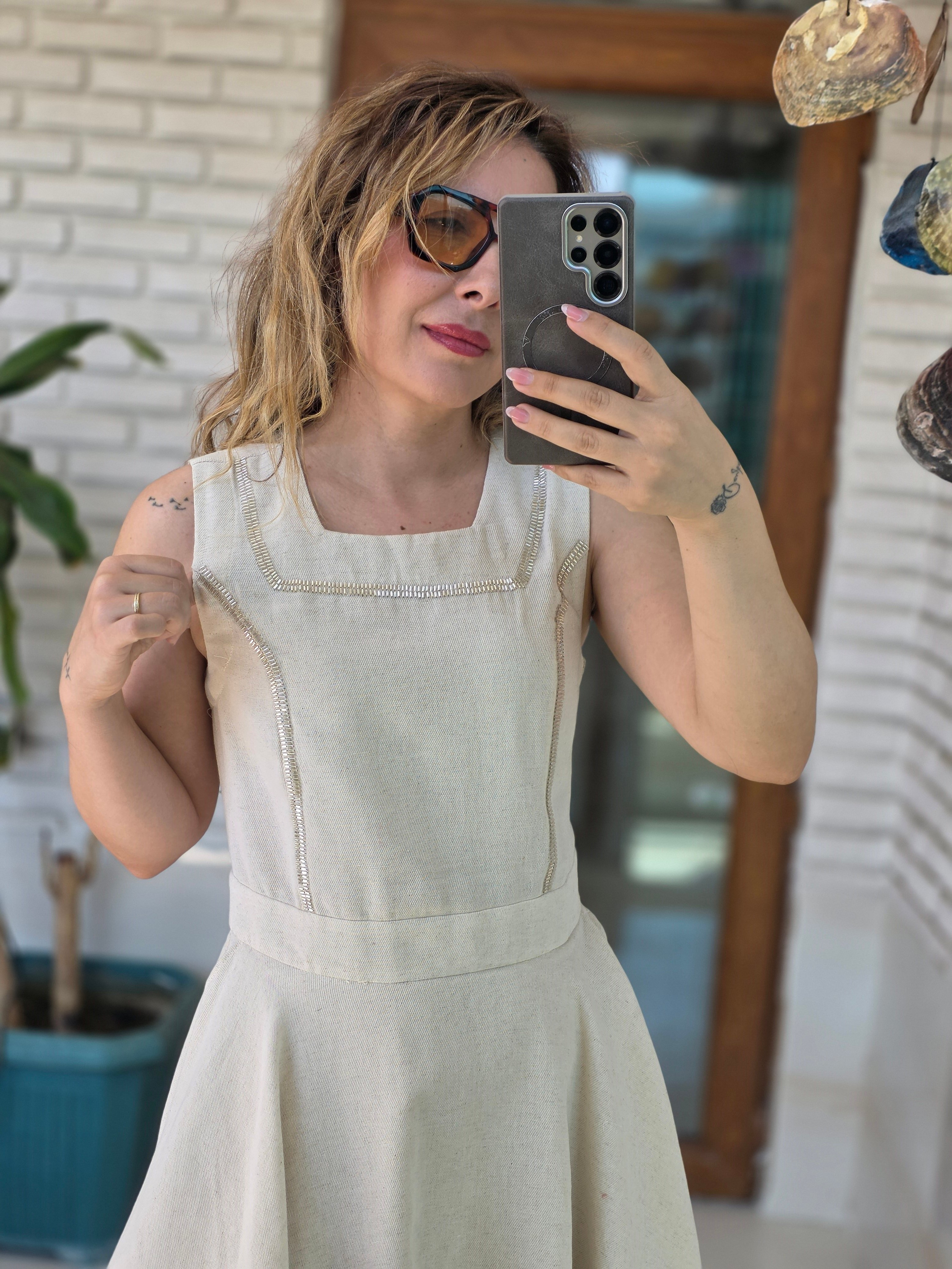 Keten Taş Detaylı  Mini Elbise