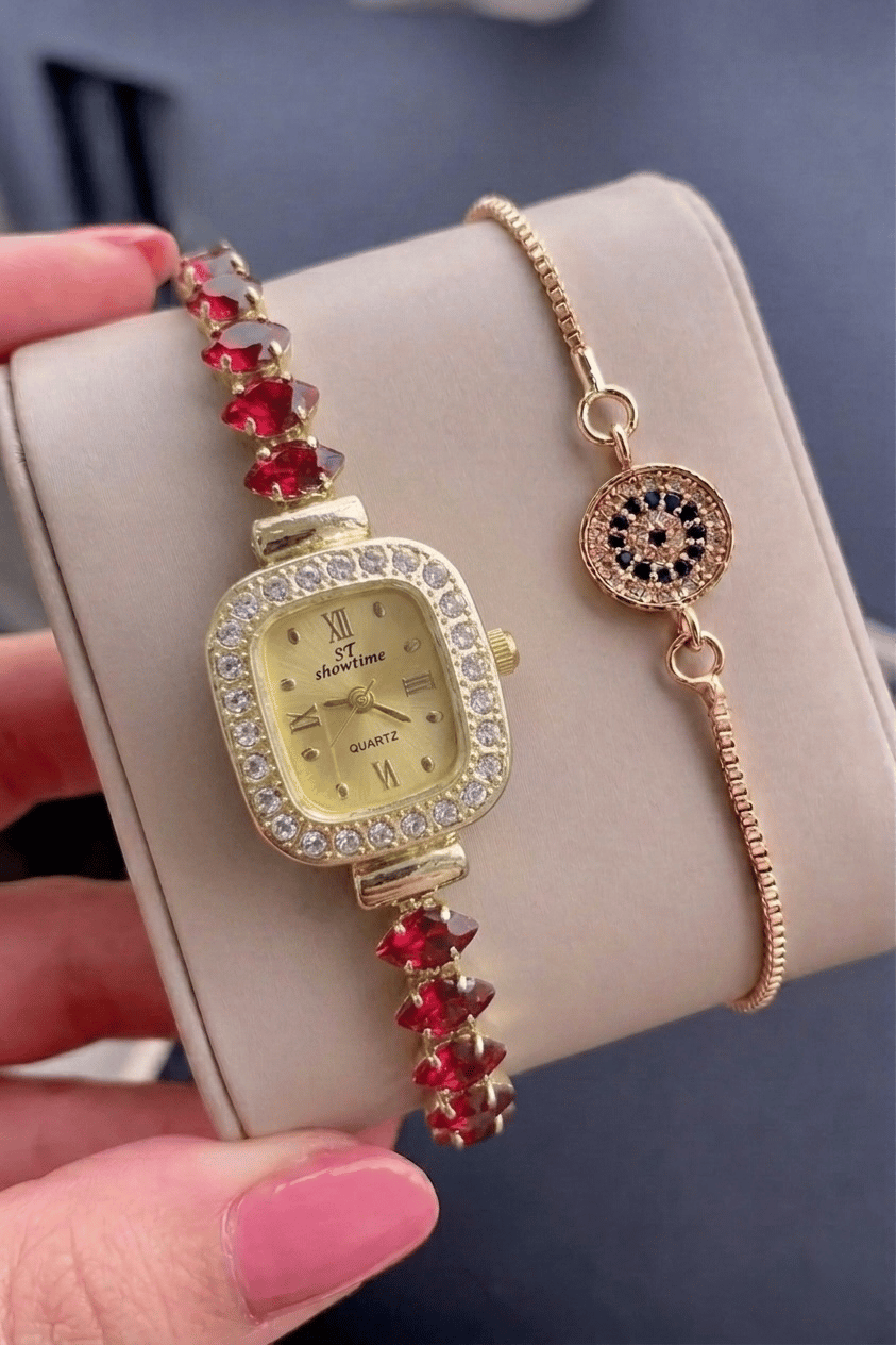 SHOWTIME SWAROSKİ KARE MODEL | GOLD-KIRMIZI ST424