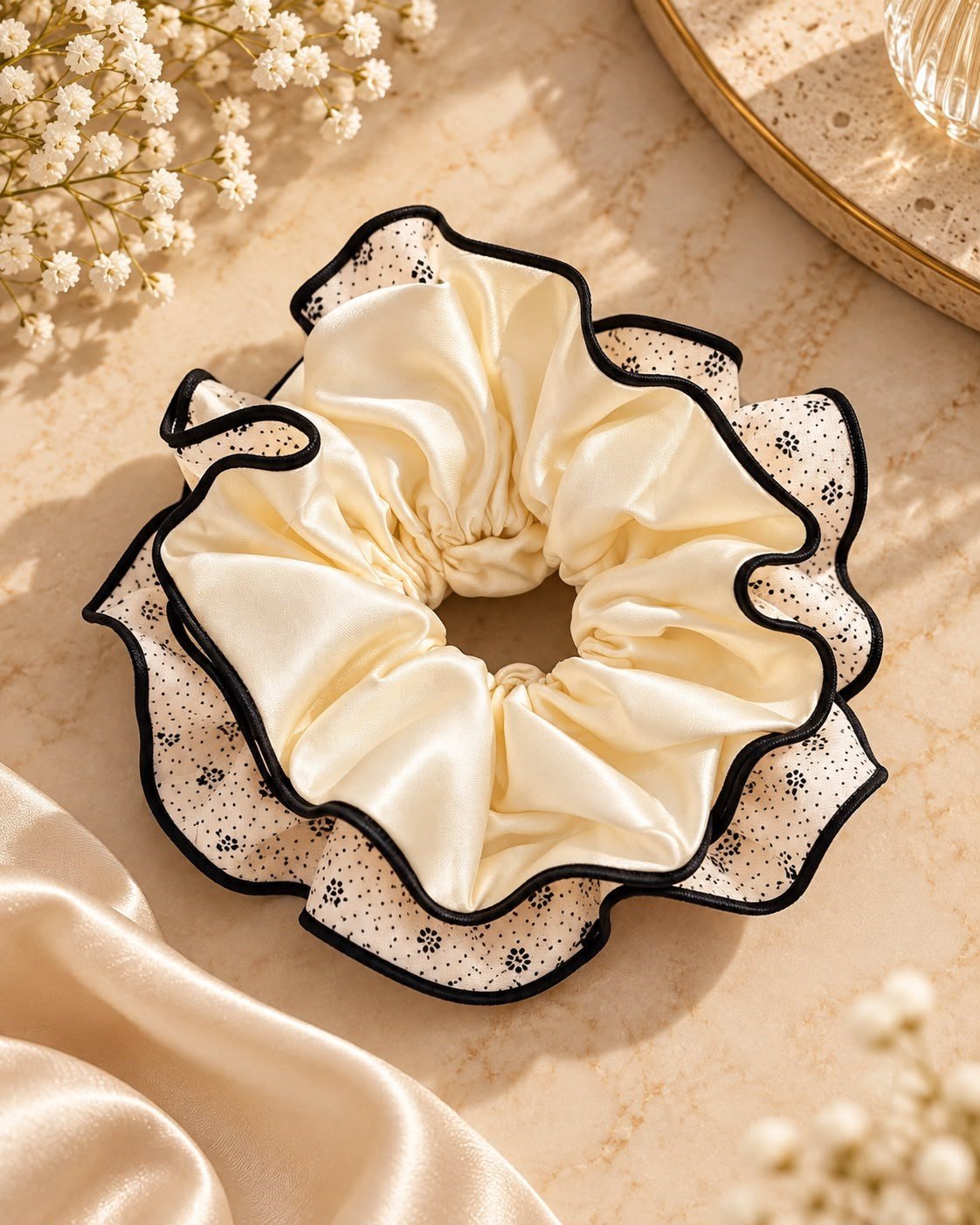Ekru 4 Katmanlı Çiçek Desenli Fırfır Scrunchie Saç Tokası