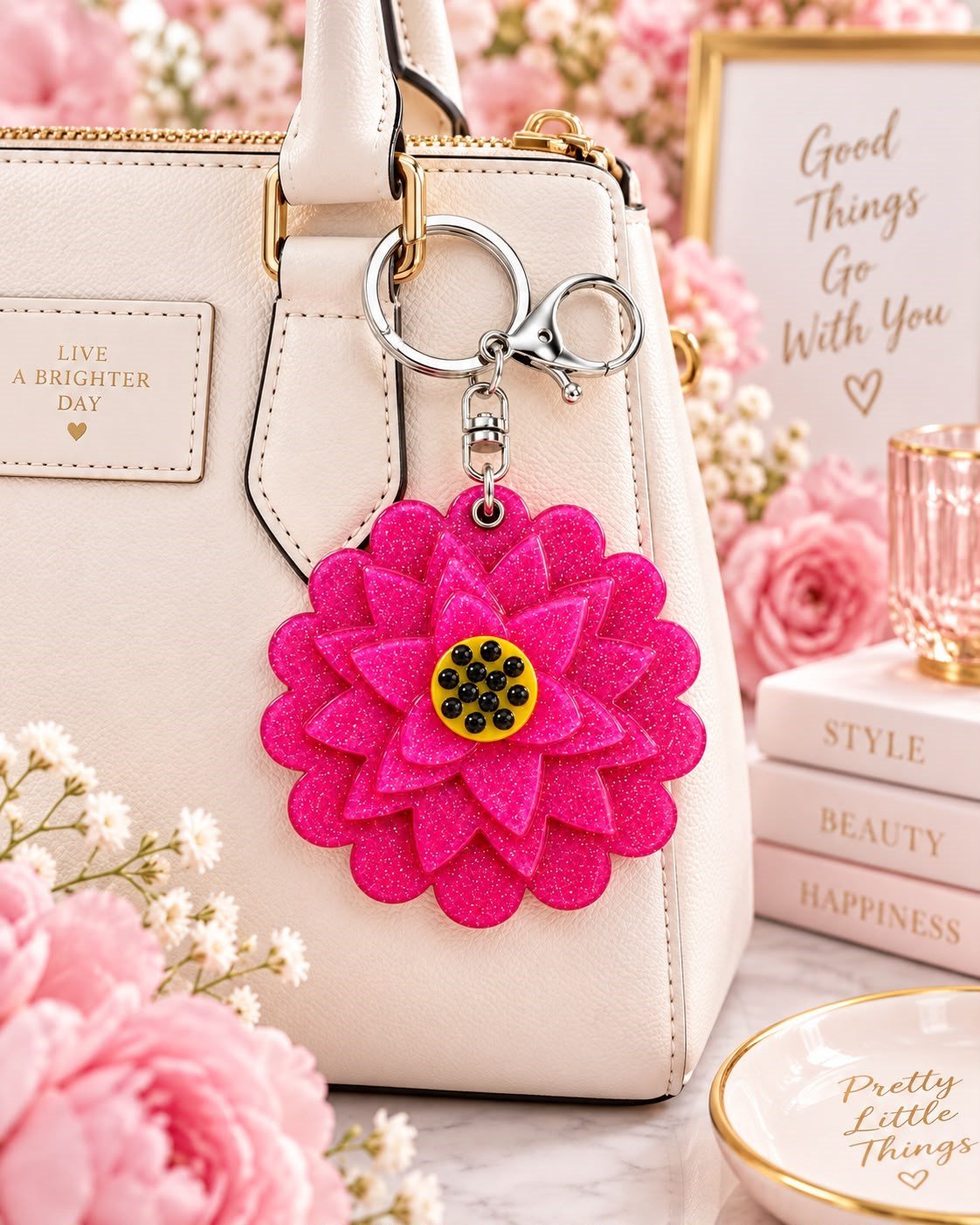 Fuşya Lotus Çiçeği Aynalı Anahtarlık Çanta Charmı