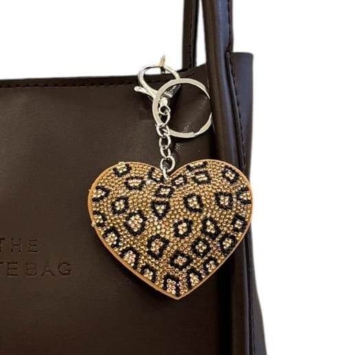 Leopar Desenli Taşlı Kalp Charm – Çanta Aksesuarı Anahtarlık