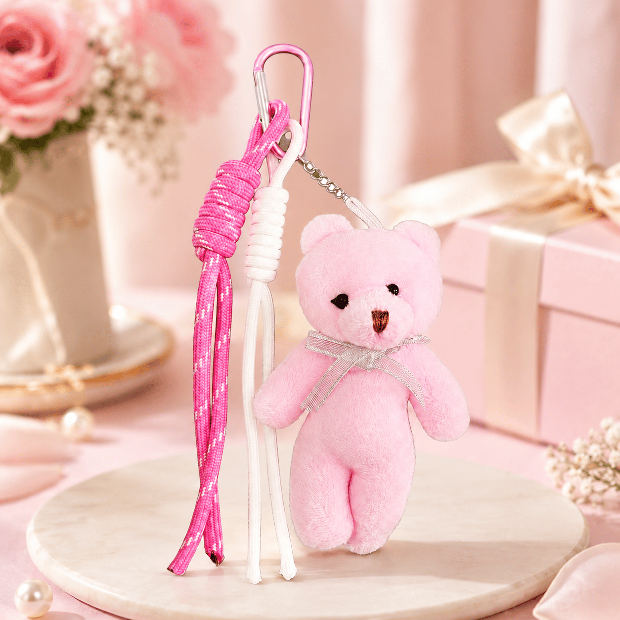 Pembe Ayıcık Beyaz-Pembe İpli Çanta Charmı