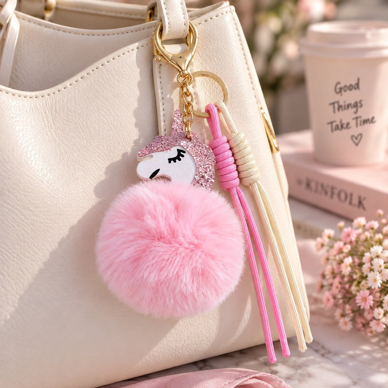 Pembe-Krem Unicorn Ponponlu Çanta Charmı