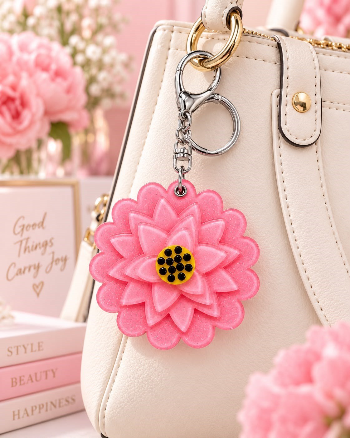 Pembe Lotus Çiçeği Aynalı Anahtarlık Çanta Charmı