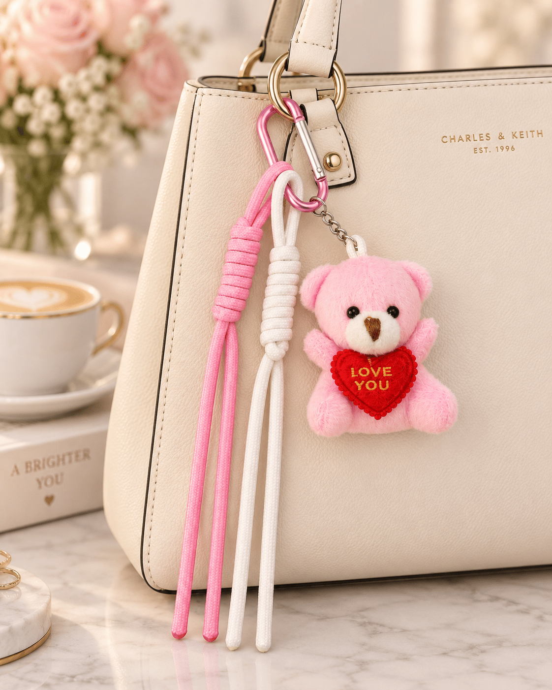 Pembe Love Teddy Ayıcık Figürlü İpli Çanta Charmı