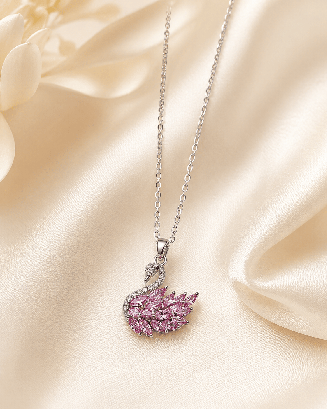 Pembe Taşlı Kuğu Çelik Kolye – Gümüş
