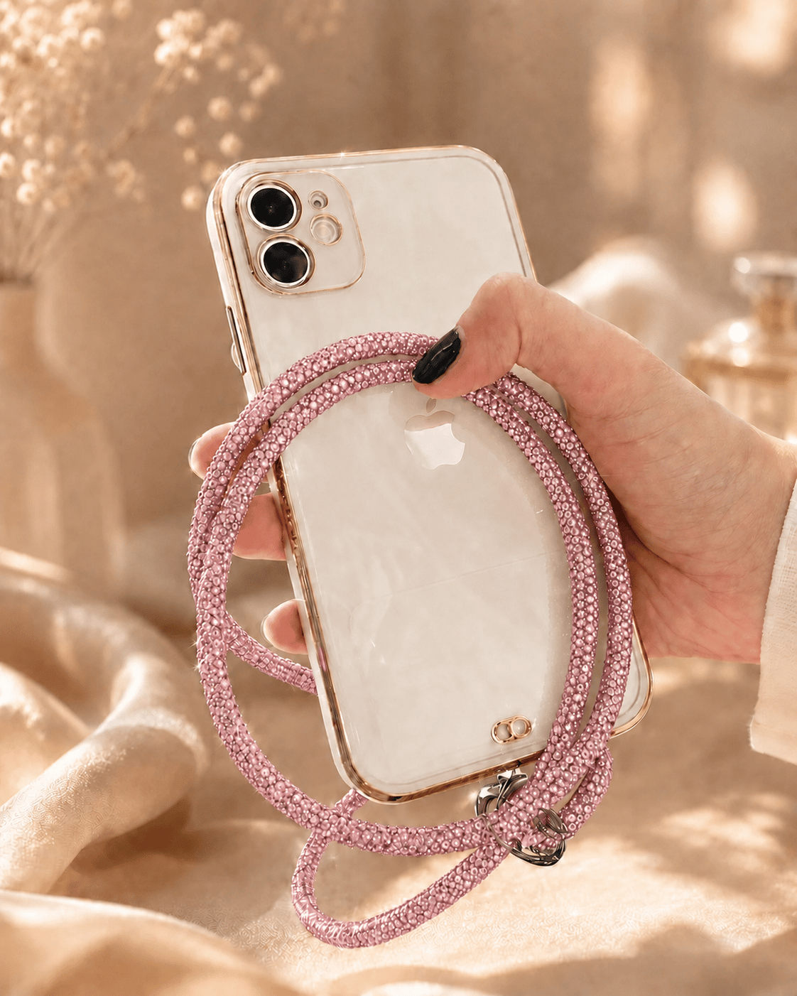 Pembe Taşlı Telefon Boyun Askısı – Kristal Taşlı Şık Boyun Askısı