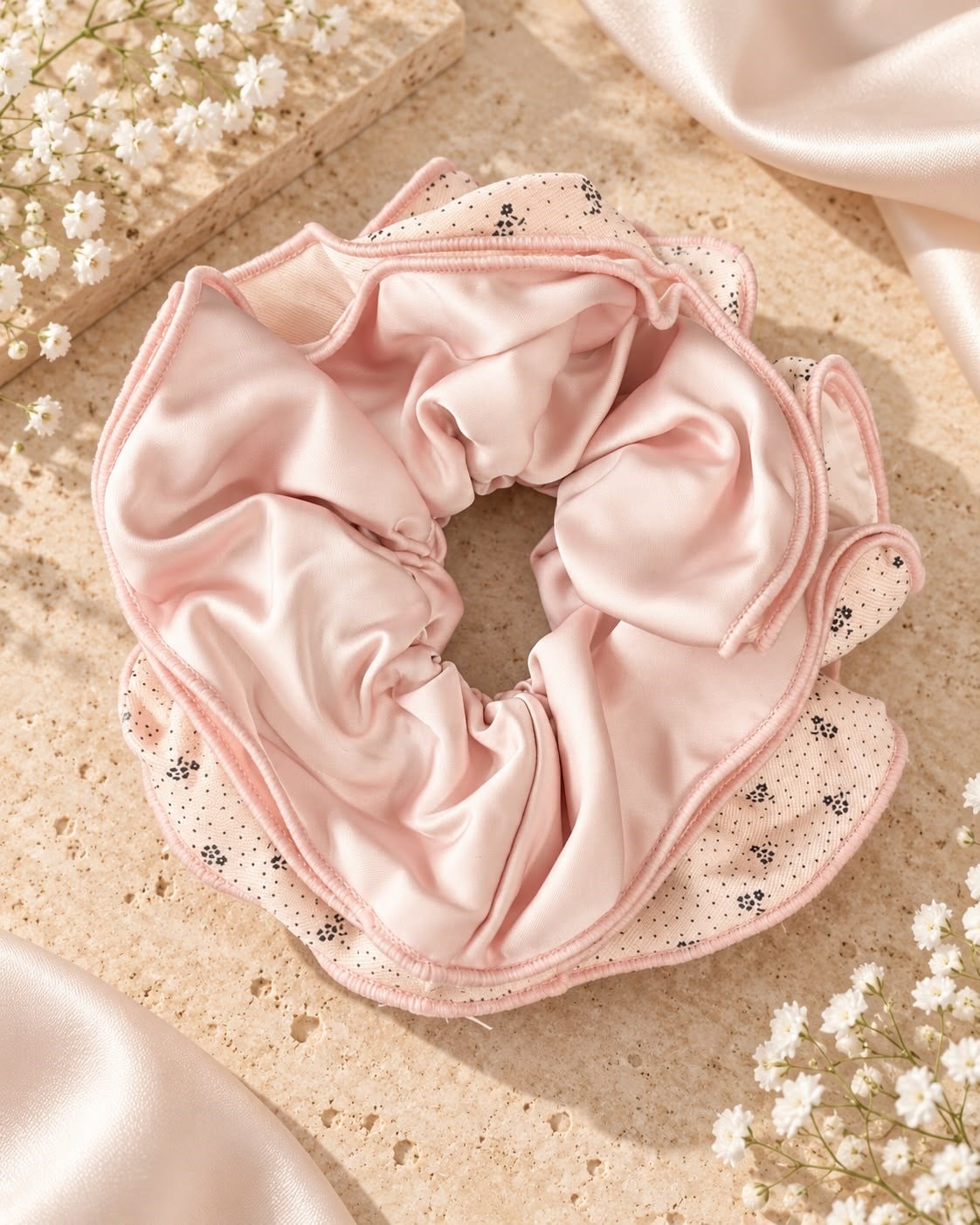 Pudra Pembe 4 Katmanlı Çiçek Desenli Fırfır Scrunchie Saç Tokası