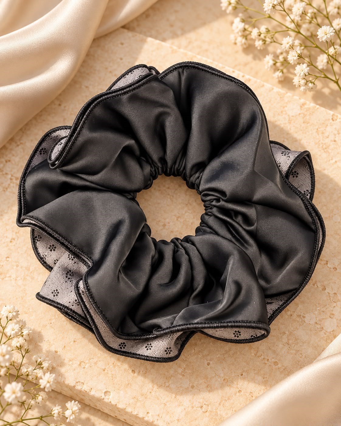 Siyah-Gri 4 Katmanlı Çiçek Desenli Fırfır Scrunchie Saç Tokası