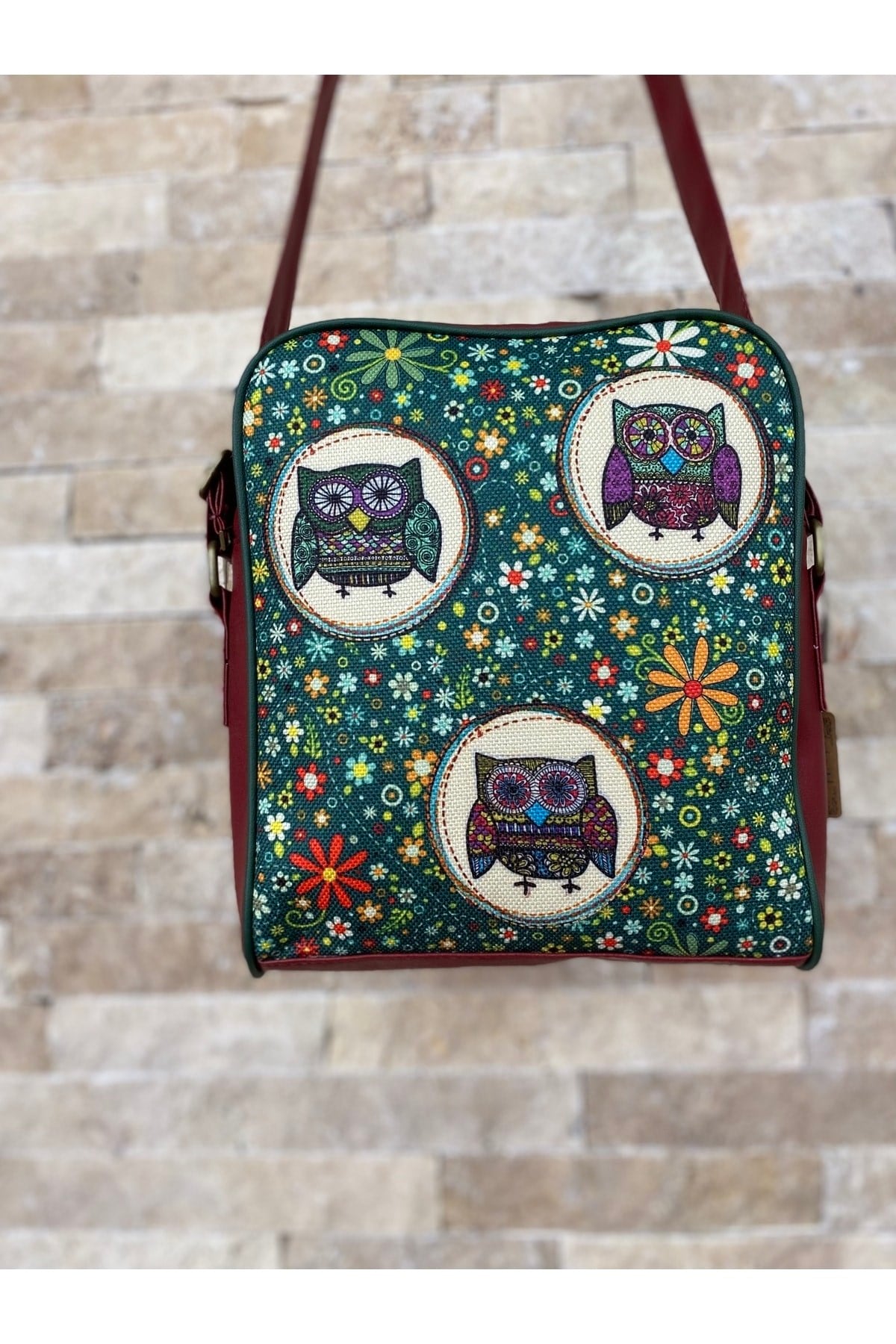Baykuş Desenli Bordo Çanta