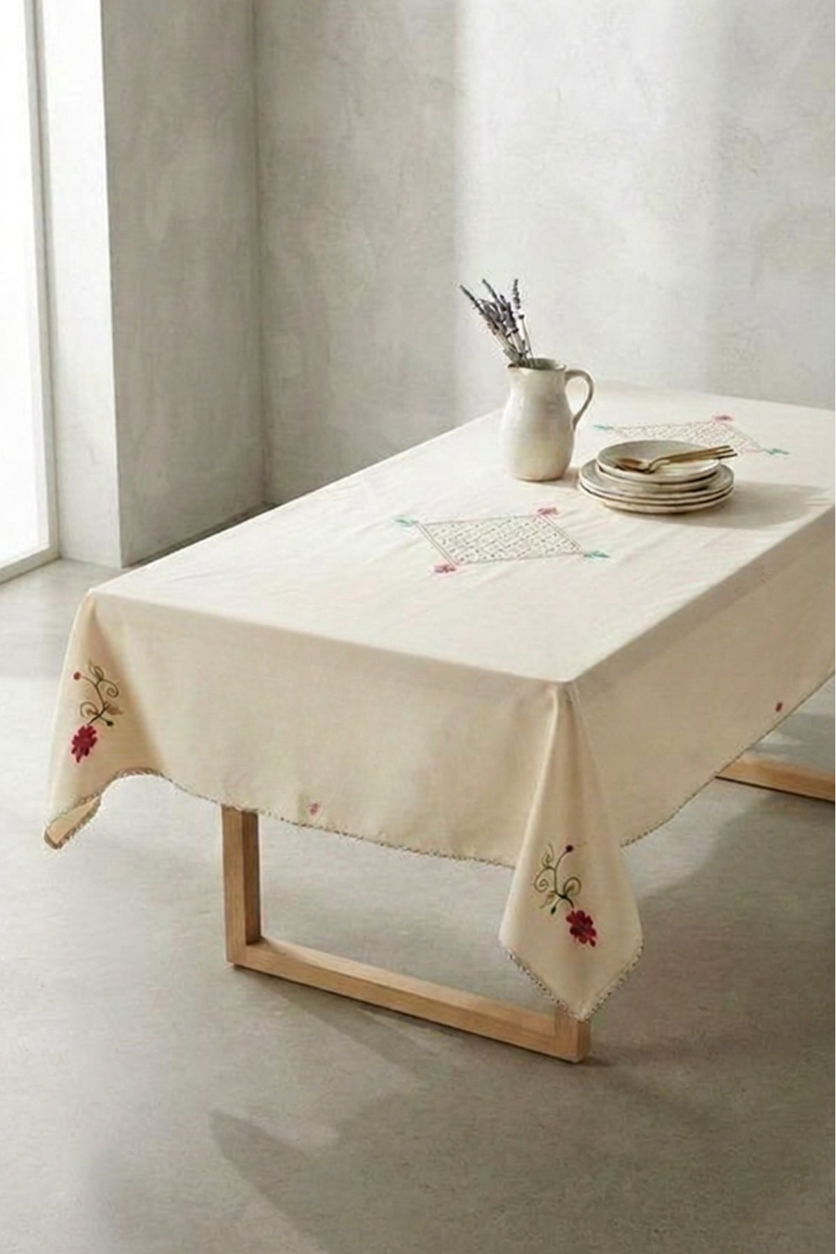 Buldan Keteni Naturel Patchwork İşlemeli 140 x 240 Masa Örtüsü